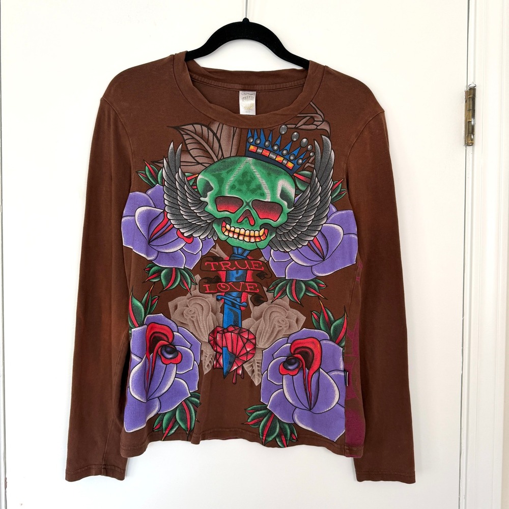 Vintage Ed Hardy Christian Audigier Brown Skull Snake Tattoo Long Sleeve Tee USA
